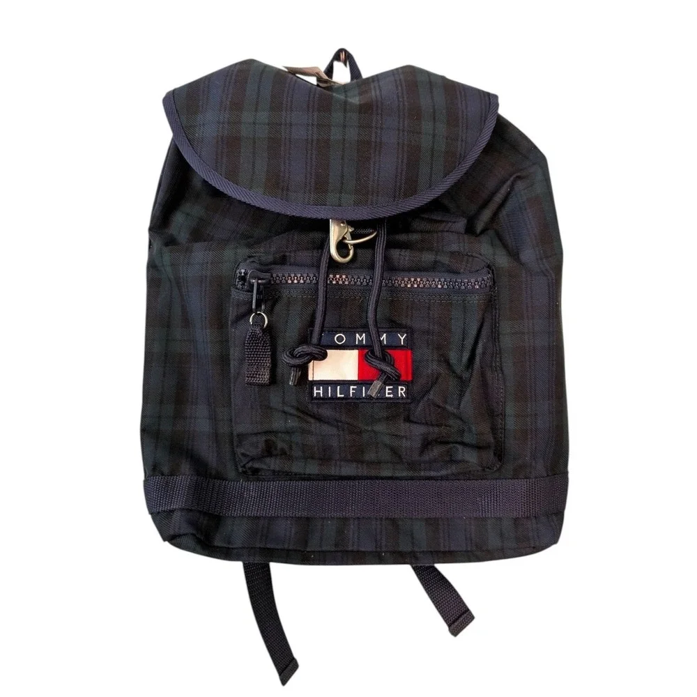 Vintage Tommy Hilfiger Spell Out Drawstring Cinch Backpack Navy Blue Green Plaid